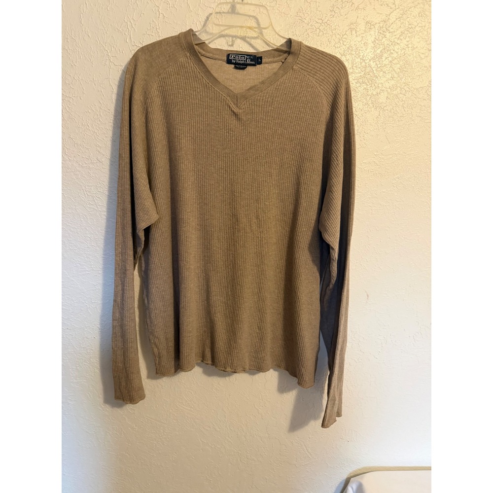 Polo Ralph Lauren Mens Large Tan Ribbed Cotton V-Neck Thermal Long Sleeve Shirt